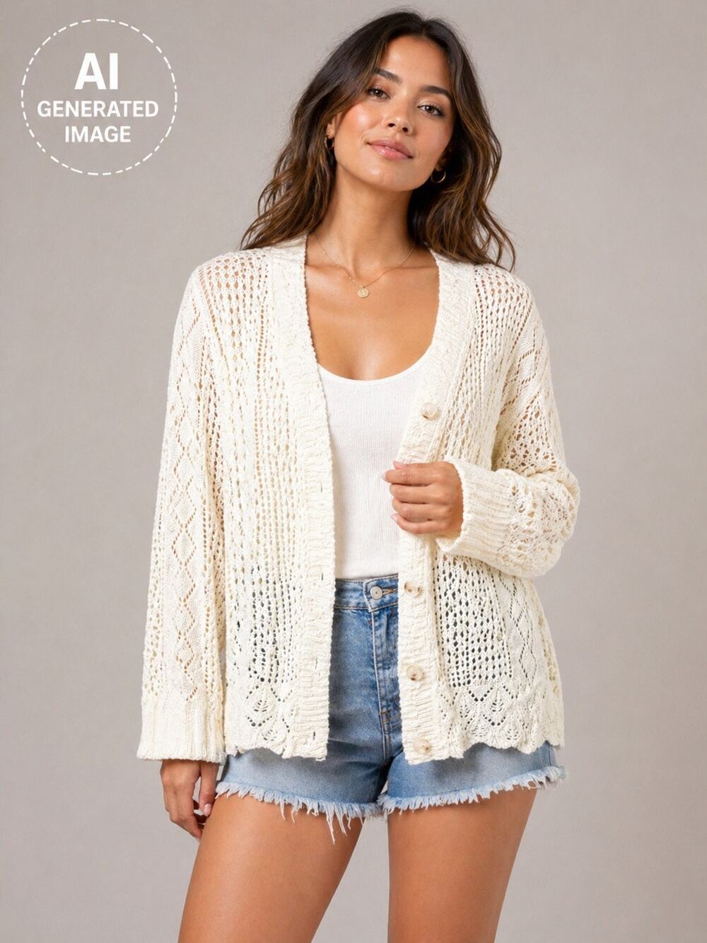 LIV Los Angeles Ivory Knit Cardigan Open Front Button Boho M